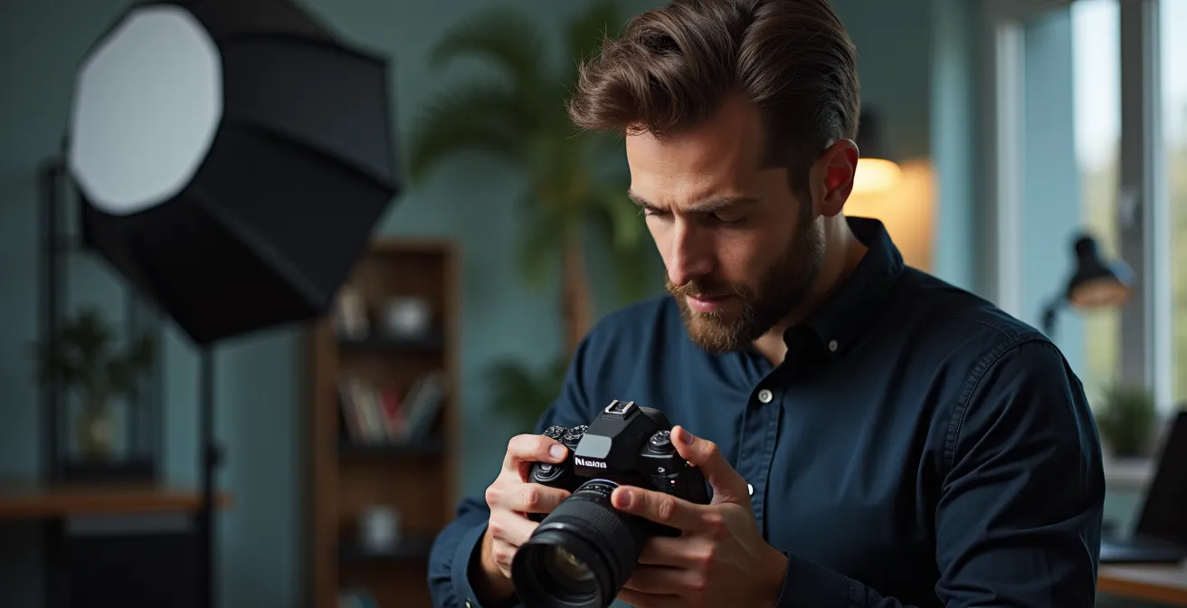 Photographe professionnel analysant différents équipements dans un studio