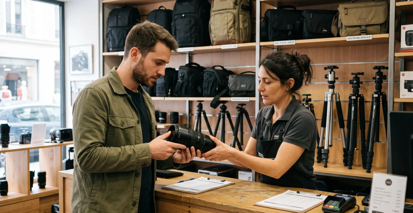 Un client reçoit un objectif photo en location au comptoir d'un magasin de matériel photographique.
