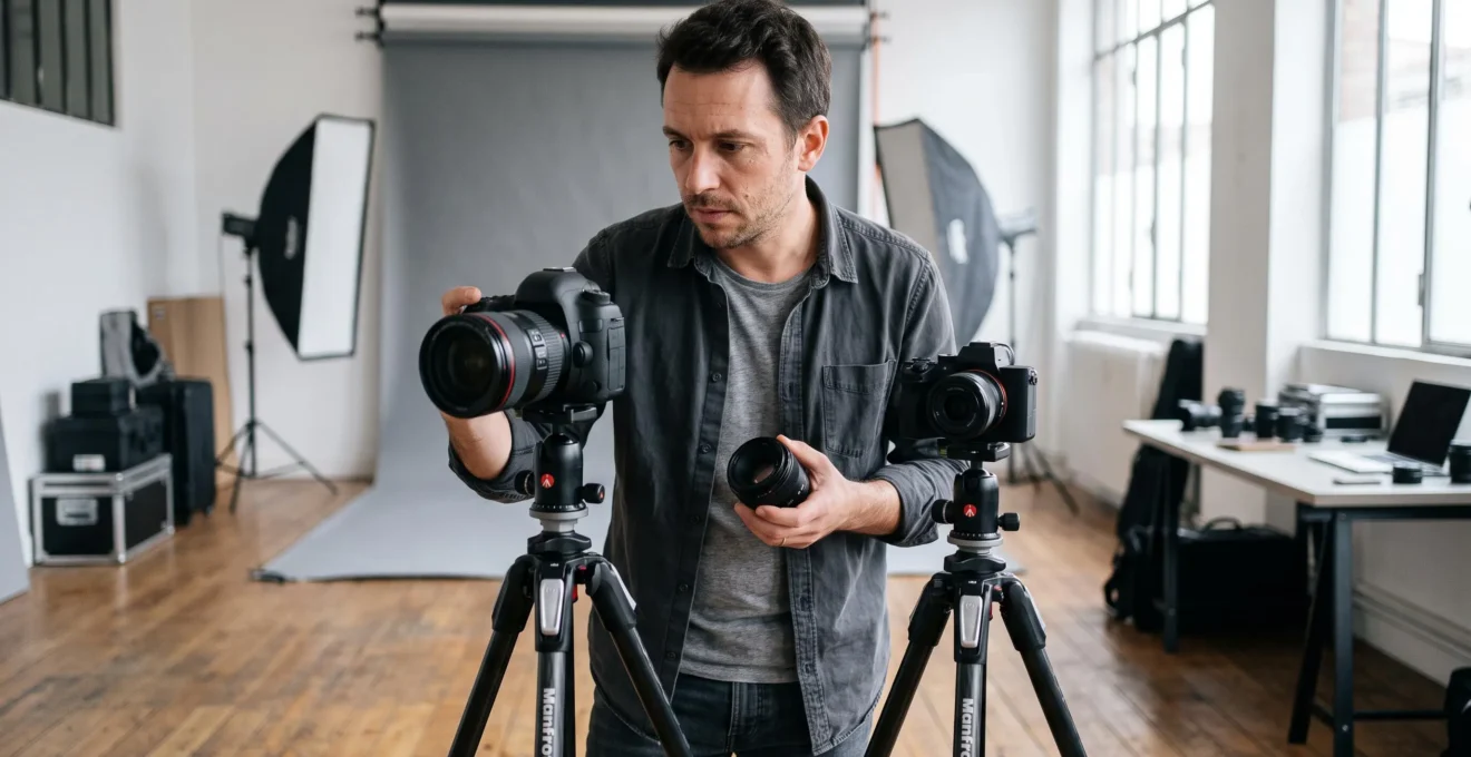 Un photographe compare deux boîtiers photo professionnels côte à côte sur des trépieds dans un studio.