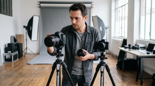 Un photographe compare deux boîtiers photo professionnels côte à côte sur des trépieds dans un studio.