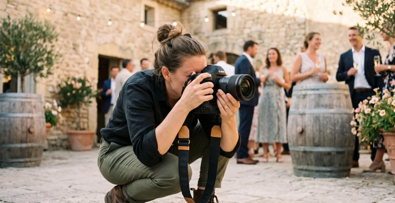 Une photographe indépendante photographie en contre-plongée une réception de mariage dans une cour en pierre.