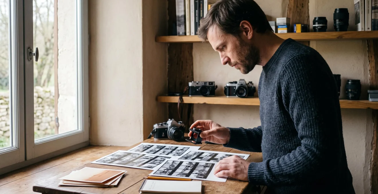 Un photographe examine des planches contacts imprimées posées sur son bureau à domicile.
